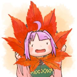 Rule 34 | 1girl, ahoge, bowl, bowl hat, chamaji, commentary request, hat, holding, holding leaf, japanese clothes, kimono, leaf, long sleeves, lowres, maple leaf, mini person, minigirl, obi, open mouth, purple hair, sash, smile, solo, sukuna shinmyoumaru, touhou, wide sleeves