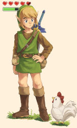 Rule 34 | 1boy, bird, blue eyes, boots, chicken, gameplay mechanics, grass, green hat, green tunic, hand on own hip, hat, highres, knee boots, light brown hair, link, male focus, master sword, nintendo, pointy ears, pouch, shield, shield on back, snoozincopter, solo, sword, the legend of zelda, the legend of zelda: a link to the past, tunic, twitter username, weapon, weapon on back