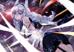 Rule 34 | 1girl, ahoge, ass, bare shoulders, black shorts, blue eyes, blurry, blurry background, braid, breasts, closed mouth, cloud, cross hair ornament, elbow gloves, feathers, floating hair, from behind, garter straps, gloves, hair between eyes, hair ornament, hairband, highres, honkai (series), honkai impact 3rd, kiana kaslana, kiana kaslana (knight moonbeam), light particles, long hair, looking at viewer, looking back, medium breasts, outdoors, red lips, short shorts, shorts, sidelocks, silver hair, solo, sunset, thighs, transparent, transparent wings, twin braids, vardan, very long hair, wind, wing hair ornament