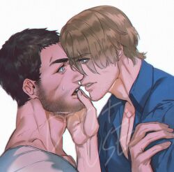 Rule 34 | 2boys, bara, beard, brown hair, chris redfield, eye contact, facial hair, forehead-to-forehead, from side, gge (gebback dark), grabbing another&#039;s chin, hand on another&#039;s chin, heads together, large pectorals, leon s. kennedy, looking at another, male focus, mature male, multiple boys, muscular, muscular male, pectorals, resident evil, resident evil 4, resident evil 4 (remake), short hair, stubble, upper body, veins, yaoi