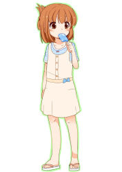 Rule 34 | 1girl, blush, eating, flat chest, flip-flops, food, full body, fuyuno mikan, outline, popsicle, sandals, short hair, simple background, solo, standing, white background