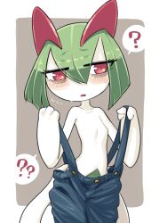 Rule 34 | ?, ??, bags under eyes, blue overalls, clothed pokemon, colored skin, creatures (company), flying sweatdrops, game freak, gen 3 pokemon, green hair, grey background, hair between eyes, highres, ino (tellu0120), kirlia, multicolored skin, nintendo, overalls, parted lips, pink eyes, pokemon, pokemon (creature), sidelocks, simple background, sweat, two-tone skin, white skin