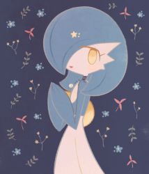 Rule 34 | 1girl, alternate color, black choker, blue background, blue flower, blue hair, blue skin, blue theme, blush, bob cut, choker, colored skin, cowboy shot, creatures (company), female focus, flat chest, floral background, flower, from side, game freak, gardevoir, gem, gen 3 pokemon, hair over one eye, half-closed eyes, hands up, happy, lace, lace choker, light blush, looking at viewer, lotosu, mega stone, multicolored skin, nintendo, open mouth, own hands together, pokemon, pokemon (creature), red flower, shiny pokemon, short hair, smile, solo, standing, star (symbol), two-tone skin, white skin, yellow flower