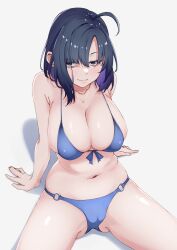 Rule 34 | 1girl, absurdres, ahoge, arm support, bikini, black eyes, black hair, blue bikini, blue hair, breasts, character request, cleavage, commentary request, danboru (jdanboru1182), dark blue hair, from above, gluteal fold, hair between eyes, half-closed eyes, highres, jewelry, large breasts, legs apart, looking at viewer, medium hair, naughty face, navel, necklace, o-ring, o-ring bottom, shadow, simple background, sitting, solo, swimsuit, upturned eyes, white background