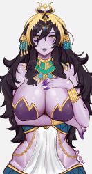 Rule 34 | 1girl, absurdres, black hair, breasts, cleavage, colored skin, eyebrows, half-closed eyes, hand on own chest, highres, indie virtual youtuber, large breasts, lips, long hair, looking at viewer, parted lips, purple skin, slit pupils, smile, solo, vexoria the sun eater, virtual youtuber, waki (w4kih), yellow eyes