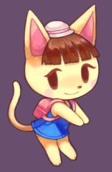 Rule 34 | 1girl, animal crossing, animal ears, backpack, bag, bare shoulders, barefoot, blue dress, blunt bangs, blush, blush stickers, brown eyes, brown hair, cat ears, cat tail, child, closed mouth, dress, female focus, flat chest, full body, furry, furry female, happy, hat, highres, katie (animal crossing), knees together feet apart, matching hair/eyes, mini hat, nintendo, outstretched arms, purple background, robot (pixiv 42325944), short hair, simple background, sleeveless, sleeveless dress, smile, solo, standing, tail, white hat