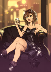 Rule 34 | 1girl, bare shoulders, black dress, blurry, blurry background, borrowed character, brown hair, city, couch, crossed legs, dress, glasses on head, hidari (left side), microphone, open mouth, short hair, sitting, solo, window