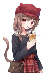 Rule 34 | 1girl, animal ears, animal hat, bag, bendy straw, black shirt, bow, brown hair, cabbie hat, cat ears, cat hat, cat tail, commentary request, cup, disposable cup, drink, drinking, drinking straw, fake animal ears, hair between eyes, hair bow, hair over shoulder, hat, holding, holding cup, jewelry, long hair, low ponytail, nail polish, nina (yumoran), original, pink nails, plaid, plaid skirt, red eyes, red hat, red skirt, ring, shirt, shoulder bag, simple background, skirt, solo, tail, twitter username, white background, white bow, yumoran