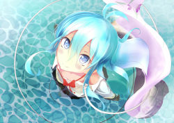 Rule 34 | 10s, 1girl, blue eyes, blue hair, blush, chippucream, denpa onna to seishun otoko, from above, highres, long hair, looking at viewer, matching hair/eyes, off shoulder, partially submerged, smile, solo, touwa erio, water, wet, wet clothes