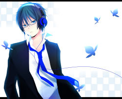 Rule 34 | 1boy, absurdres, bad id, bad tinami id, blue eyes, blue hair, glasses, gradient background, headphones, highres, letterboxed, male focus, matching hair/eyes, necktie, original, shirotaka (5choume), solo, white background