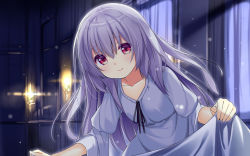 Rule 34 | 1girl, bed sheet, curtains, dark room, holding, lamp, light, long hair, looking at viewer, night, nightgown, original, pov, red eyes, silver hair, sleepwear, smile, solo, upper body, usume shirou, white nightgown, window