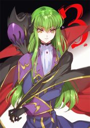 Rule 34 | 1girl, ascot, black cape, black gloves, blue jacket, c.c., cape, closed mouth, code geass, cosplay, creayus, gloves, green hair, hair between eyes, unworn headwear, helmet, unworn helmet, jacket, long hair, long sleeves, looking at viewer, multicolored cape, multicolored clothes, parted lips, red cape, smile, standing, upper body, white legwear, yellow eyes, zero (code geass), zero (code geass) (cosplay)