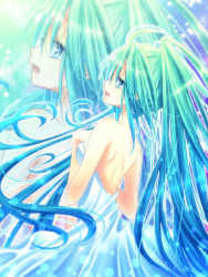 Rule 34 | 1girl, aqua hair, back, backless dress, backless outfit, bare back, blue eyes, dress, from behind, gradient hair, hand on another&#039;s chest, hand on own chest, hatsune miku, long hair, momomiya mion, multicolored hair, open mouth, solo, vocaloid, zoom layer