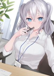 Rule 34 | 1girl, alternate costume, black skirt, blue eyes, breasts, collared shirt, grey hair, hair between eyes, highres, holding, holding pen, id card, kantai collection, kashima (kancolle), large breasts, looking at viewer, name tag, office lady, pen, shirt, sidelocks, skirt, solo, twintails, upper body, wavy hair, white shirt, yoshino (mfmfpng)