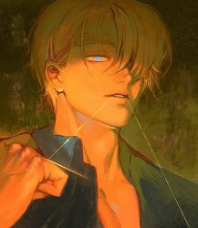 Rule 34 | 1boy, blonde hair, blue eyes, blue shirt, glowing, glowing eyes, looking at viewer, male focus, one piece, pectoral cleavage, pectorals, portrait, runa (nori31291404), sanji (one piece), shirt, short hair, solo, thread, toned, toned male, upper body