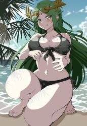 Rule 34 | 1girl, :p, alternate costume, beach, bikini, black bikini, blurry, blurry background, blush, breasts, closed mouth, cloud, cloudy sky, collarbone, day, feet, foreshortening, full body, green eyes, green hair, hair ornament, hand on own stomach, highres, jewelry, kid icarus, kid icarus uprising, kneeling, large breasts, long hair, looking at viewer, navel, nintendo, outdoors, palm tree, palutena, parted bangs, shadow, sidelocks, sky, smile, solo, stomach, swimsuit, taka p (zelda27th), thighs, toes, tongue, tongue out, tree, very long hair
