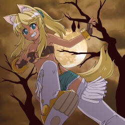 Rule 34 | 1girl, animal ear fluff, animal ears, bare tree, bat (animal), belt bra, blonde hair, blue eyes, boots, breasts, brown gloves, cleavage, commentary request, dark-skinned female, dark skin, denim, denim shorts, extra ears, facial mark, fingerless gloves, foot out of frame, full moon, gloves, grin, ki (adotadot), liru, long hair, looking at viewer, medium breasts, moon, o-ring, open hands, partial commentary, ponytail, renkin san-kyuu magical pokaan, shoe soles, shorts, smile, solo, tail, thick eyebrows, thigh boots, tree, whisker markings, white footwear, wolf ears, wolf girl, wolf tail