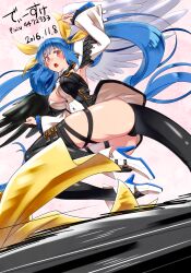Rule 34 | 1girl, 2016, armpits, ass, asymmetrical wings, black panties, black thighhighs, blush, breasts, cleavage, dated, detached collar, detached sleeves, dizzy (guilty gear), guilty gear, guilty gear xrd, hair ribbon, hair rings, high heels, highres, large breasts, long hair, monster girl, open mouth, orochi (namashiba), panties, red eyes, ribbon, simple background, skindentation, solo, tail, tail ornament, tail ribbon, thick thighs, thigh strap, thighhighs, thighs, twintails, underwear, upskirt, wings, yellow ribbon