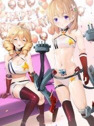 Rule 34 | 2girls, :o, ahoge, anti-aircraft, anti-aircraft gun, asymmetrical footwear, azur lane, balloon, bare shoulders, black choker, blonde hair, boots, breasts, chicago (azur lane), chicago (azur lane) (cosplay), choker, cleavage, closed eyes, collarbone, commentary request, commission, confetti, cosplay, couch, criss-cross halter, crop top, drill hair, eagle union (emblem), elbow gloves, expressionless, flat chest, gloves, gochuumon wa usagi desu ka?, hair between eyes, hair ornament, hairclip, halterneck, happy birthday, hoto cocoa, indoors, knee boots, large breasts, long hair, looking at viewer, maki (seventh heaven maxion), micro shorts, midriff, multiple girls, navel, on couch, open mouth, orange hair, parted lips, pixiv commission, pubic tattoo, purple eyes, red footwear, red gloves, rigging, same birthday, shadow, shirt, shorts, sidelocks, single knee boot, single thigh boot, sitting, sleeveless, sleeveless shirt, smile, standing, star (symbol), star choker, tattoo, thigh boots, thigh strap, turret, white shirt, white shorts