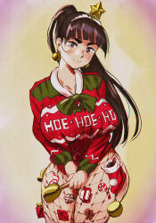 Rule 34 | 1girl, bell, black hair, blush, breasts, candy, candy cane, christmas, christmas sweater, clothes tug, clothes writing, condom, condom wrapper, curvy, ebino mei, fishnet pantyhose, fishnets, food, hair ornament, hairband, hatsukoi zombie, highres, holding, holding bell, jingle bell earrings, keigi, large breasts, long hair, looking at viewer, no pants, pantyhose, ponytail, purple eyes, red sweater, solo, star (symbol), star hair ornament, sweater, sweater tug, thick eyebrows, v arms, when you see it, white hairband