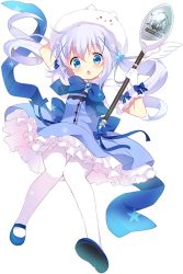 Rule 34 | 1girl, :o, adapted costume, animal, animal hat, animal on head, april fools, artist request, blue dress, blue eyes, blue footwear, blue hair, brooch, cat hat, dress, flower, frilled dress, frills, full body, gloves, gochuumon wa usagi desu ka?, hair flower, hair ornament, hairclip, hat, holding, holding clothes, holding hat, jewelry, kafuu chino, koi (koisan), looking at viewer, magical girl, mary janes, matching hair/eyes, official art, on head, pantyhose, rabbit, rabbit on head, ribbon, shoes, solo, staff, tippy (gochiusa), tippy (gochuumon wa usagi desuka?), transparent background, twintails, unworn hat, unworn headwear, white gloves, white pantyhose, x hair ornament