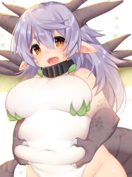 Rule 34 | 1girl, :d, belly, belly grab, blush, breasts, claws, dragon girl, dragon horns, dragon wings, fangs, fat, horns, large breasts, light purple hair, long hair, looking at viewer, mofuaki, navel, open mouth, original, plump, pointy ears, slit pupils, smile, solo, wings, yellow eyes