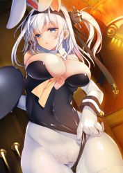Rule 34 | 1girl, anchor symbol, animal ears, between breasts, black leotard, blue eyes, blush, breasts, cameltoe, collar, covered navel, cowboy shot, cuff links, door, elbow gloves, fake animal ears, floating hair, gloves, groin, hair between eyes, head tilt, headband, highres, hip focus, holding, holding tray, indoors, kantai collection, leotard, leotard tug, long hair, looking at viewer, medium breasts, necktie, necktie between breasts, one side up, open mouth, orange necktie, pantyhose, playboy bunny, pussy juice, pussy juice trail, rabbit ears, rabbit girl, sidelocks, silver hair, solo, suzutsuki (kancolle), tamiya akito, thighs, tray, white gloves, white pantyhose