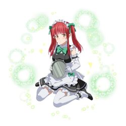 Rule 34 | 10s, 1girl, apron, blush, bow, bowtie, brown eyes, elbow gloves, full body, gloves, green bow, green bowtie, hair bow, holding, kneeling, long hair, looking at viewer, maid, maid headdress, meitantei conan, pointy ears, rain (sao), red hair, simple background, sitting, sleeveless, solo, sword art online, thighhighs, twintails, white apron, white background, white gloves, white thighhighs