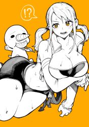 Rule 34 | !, !?, ?, absurdres, breasts, candy, cleavage, commentary request, fairy tail, food, greyscale, greyscale with colored background, highres, large breasts, lucy heartfilia, medium breasts, medium hair, midriff, monochrome, navel, open mouth, orange background, orange eyes, plue, simple background, spoken exclamation mark, spoken question mark, sweat, teeth, twintails, yotsumi shiro
