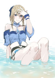 Rule 34 | 1girl, blonde hair, blue eyes, blush, bow, breasts, genshin impact, grin, hair bow, highres, jean (genshin impact), jean (sea breeze dandelion) (genshin impact), large breasts, long hair, looking at viewer, partially submerged, ponytail, sidelocks, sitting, sketch, smile, solo, takuan (takuanlunch), water, wet