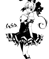 Rule 34 | 1girl, :d, animal ears, breasts, cowboy shot, di gi charat, from side, greyscale, heart, high contrast, large breasts, long hair, looking at viewer, monochrome, open mouth, rabbit ears, refeia, simple background, skirt, smile, solo, usada hikaru, white background