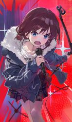 Rule 34 | 1girl, blue eyes, blue jacket, brown hair, brown shirt, cable, clothes writing, commentary, fatur rasid, feet out of frame, fur-trimmed jacket, fur trim, girls band cry, highres, holding, holding microphone, holding microphone stand, iseri nina, jacket, leaning forward, long sleeves, looking at viewer, low twintails, medium hair, microphone, microphone stand, miniskirt, open clothes, open jacket, open mouth, plaid, plaid skirt, pleated skirt, red background, shirt, short twintails, shouting, skirt, solo, sparkle, teeth, twintails, v-shaped eyebrows, white shirt
