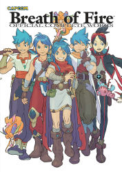 Rule 34 | 5boys, black hair, blue eyes, blue hair, boots, breath of fire, breath of fire i, breath of fire ii, breath of fire iii, breath of fire iv, breath of fire v, capcom, cape, character request, cover, cover page, crossover, facial mark, fairy, forehead mark, green eyes, grin, group picture, highres, knee boots, magatama, multiple boys, multiple crossover, official art, one eye closed, over shoulder, ryuu (breath of fire i), ryuu (breath of fire ii), ryuu (breath of fire iii), ryuu (breath of fire iv), ryuu (breath of fire v), sleeveless, smile, stuffed animal, stuffed toy, teddy bear, topknot, weapon, weapon over shoulder