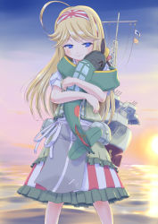 Rule 34 | &gt; &lt;, 1girl, :&gt;, ahoge, aircraft, airplane, blonde hair, blue eyes, blush, closed eyes, closed mouth, commentary request, frilled skirt, frills, hairband, highres, hug, long hair, machinery, open mouth, original, outdoors, puffy short sleeves, puffy sleeves, rising sun flag, short sleeves, skirt, solo, standing, striped clothes, striped skirt, sun, sunburst, sunset, vertical-striped clothes, vertical-striped skirt, yamikota