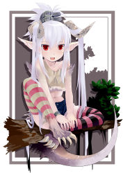 Rule 34 | 1girl, aasara, albino, asymmetrical legwear, bad id, bad pixiv id, belt, denim, denim shorts, dragon, dragon girl, fang, female focus, horns, long hair, midriff, mismatched legwear, monster girl, pointy ears, red eyes, shorts, sitting, slit pupils, solo, strap slip, striped clothes, striped thighhighs, tail, thighhighs, tosarayama, white hair