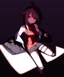 Rule 34 | 1girl, absurdres, animal ears, arknights, bare shoulders, beudelb, black jacket, brown hair, cutter (arknights), ears down, feet out of frame, fox ears, hair ornament, highres, jacket, jacket partially removed, jewelry, long sleeves, medium hair, necklace, open clothes, open jacket, red eyes, red shirt, shirt, sitting, skirt, sleeveless, sleeveless shirt, solo, thigh strap, x hair ornament