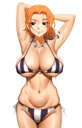 Rule 34 | 1girl, absurdres, arms up, bikini, breasts, bursting breasts, groin, highres, kevbot, large breasts, nami (one piece), navel, o-ring, o-ring bikini, one piece, one piece: strong world, orange hair, shiny skin, side-tie bikini bottom, simple background, solo, string bikini, striped bikini, striped clothes, swimsuit, thighs, white background, wide hips