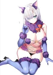 Rule 34 | 1girl, absurdres, anastasia (fate), animal ears, bad id, bad twitter id, bare shoulders, blush, breasts, cleavage, cosplay, elbow gloves, fate/grand order, fate (series), fur-trimmed gloves, fur-trimmed legwear, fur collar, fur trim, gloves, hair over one eye, halloween costume, hanasaka houcha, highres, lace, lace-trimmed legwear, lace trim, large breasts, long hair, looking at viewer, mash kyrielight, mash kyrielight (dangerous beast), mash kyrielight (dangerous beast) (cosplay), navel, o-ring, o-ring top, official alternate costume, open mouth, pinky out, purple gloves, purple thighhighs, revealing clothes, silver hair, simple background, sitting, solo, thighhighs, thighs, white background, wolf ears, wolf girl, yokozuwari