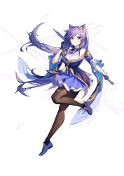 Rule 34 | 1girl, absurdres, ankle boots, bare shoulders, black gloves, boots, brown legwear, closed mouth, cone hair bun, detached sleeves, dress, electricity, frilled dress, frills, full body, genshin impact, gloves, hair bun, highres, holding, holding sword, holding weapon, keqing (genshin impact), leg up, looking at viewer, pink eyes, purple dress, purple footwear, purple hair, short sleeves, sidelocks, solo, starlab, sword, twintails, v-shaped eyebrows, weapon, wide sleeves
