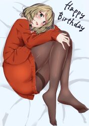 Rule 34 | 1girl, bed sheet, blue eyes, blush, brown hair, brown pantyhose, commentary request, dress, eyelashes, feet, full body, green eyes, hand on own leg, happy birthday, heterochromia, highres, idolmaster, idolmaster cinderella girls, knees up, legs, long legs, looking at viewer, lying, medium hair, mole, mole under eye, no shoes, on side, open mouth, pantyhose, red dress, shiny clothes, short dress, sidelocks, solo, takagaki kaede, thighband pantyhose, thighs, toenails, toes, ukkii