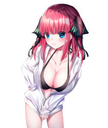Rule 34 | bent over, bikini, bikini top only, black bikini, black ribbon, blue eyes, blunt bangs, blush, breasts, butterfly hair ornament, cleavage, eyebrows hidden by hair, frown, go-toubun no hanayome, hair ornament, hand on own hip, hood, hoodie, hoodie tug, large breasts, looking at viewer, midriff peek, nakano nino, nasubi (nasubi555), navel, partially unzipped, pink hair, ribbon, simple background, sleeves past wrists, solo, stomach, swimsuit, thighs, twintails, v-shaped eyebrows, white background, white hoodie