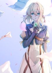 Rule 34 | 1girl, absurdres, blonde hair, blue eyes, blue jacket, braid, brooch, commentary request, dress, envelope, falling petals, flying paper, hair between eyes, hair intakes, hair ribbon, hand on own chest, highres, huge filesize, jacket, jewelry, letter, long skirt, mechanical hands, paper, petals, prosthesis, prosthetic hand, red ribbon, ribbon, single mechanical hand, skirt, standing, violet evergarden, violet evergarden (series), white dress, white neckwear, yami anko