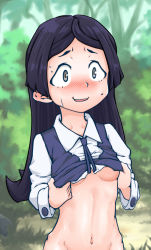 Rule 34 | 10s, 1girl, barbara parker, black hair, blush, bottomless, breasts, clothes lift, forest, little witch academia, nature, no bra, no panties, outdoors, small breasts, solo, tagme, underboob, undressing