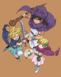 Rule 34 | 1girl, 2boys, aqua tunic, armlet, belt, black eyes, black hair, blonde hair, blue cloak, blue eyes, blunt bangs, boots, bow, bracelet, brother and sister, cape, child, clenched hand, cloak, closed mouth, commentary request, dragon quest, dragon quest v, dress, father and daughter, father and son, fighting stance, full body, gloves, green bow, green socks, hair bow, hero&#039;s daughter (dq5), hero&#039;s son (dq5), hero (dq5), highres, holding, holding staff, holding sword, holding weapon, jewelry, long hair, looking at viewer, looking to the side, low ponytail, magic, multiple boys, open mouth, pants, parted lips, pink cloak, pink dress, purple cloak, purple headwear, serious, short hair, siblings, simple background, smile, socks, spiked hair, staff, sword, tanuki koubou, teeth, toned, toned male, torn clothes, turban, twins, weapon, white footwear, white gloves, white pants, white tunic