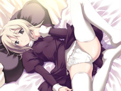 Rule 34 | 1girl, bed, black dress, blonde hair, blush, bow, bow panties, cameltoe, clothes lift, dress, dress lift, dutch angle, fue (tsuzuku), game cg, grey eyes, hinatabokko, kisaragi shizuma, lace, lace-trimmed panties, lace trim, looking up, lying, panties, pillow, spread legs, thighhighs, underwear, white panties, white thighhighs