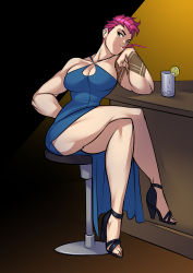 Rule 34 | 1girl, bar (place), bar stool, bare legs, blue dress, breasts, cleavage, cocktail dress, crossed legs, dress, drinking straw, eyebrows, glass, green eyes, hand on own hip, high heels, highres, large breasts, long dress, mouth hold, muscular, muscular female, no bra, overwatch, overwatch 1, pink hair, ryuusei (mark ii), short hair, side slit, sitting, solo, spaghetti strap, stool, tattoo, thighs, very short hair, zarya (overwatch)
