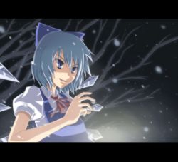 Rule 34 | blue eyes, blue hair, bow, cirno, embodiment of scarlet devil, emu ichigo, hair bow, ice, letterboxed, ribbon, short hair, snow, solo, touhou, wings