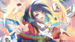 Rule 34 | 1girl, aura, blush, cape, card, closed eyes, collared cape, commentary request, facing viewer, fingernails, hairband, long sleeves, mahjong, mahjong tile, multicolored clothes, multicolored hairband, open mouth, outstretched arm, patchwork clothes, purple hair, rainbow, red button, short hair, sky print, smile, solo, sparkle, tenkyuu chimata, touhou, touhou unreal mahjong, toutenkou, upper body, white cape, wing collar, zipper, zipper pull tab