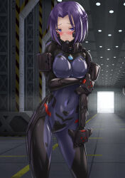 Rule 34 | 1girl, black bodysuit, black gloves, blush, bodysuit, braid, commission, crown braid, embarrassed, fortified suit, gloves, hangar, highres, holding own arm, impossible bodysuit, impossible clothes, jun (princess connect!), kurione (zassou), leaning to the side, looking at viewer, muv-luv, muv-luv alternative, navel, parted bangs, princess connect!, purple hair, short hair, skeb commission, skin tight, solo