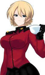 Rule 34 | 1girl, absurdres, aikir (jml5160), arm at side, black gloves, black skirt, blonde hair, blue eyes, braid, breasts, cowboy shot, cup, darjeeling (girls und panzer), french braid, girls und panzer, gloves, hair between eyes, highres, holding, holding cup, jacket, large breasts, looking at viewer, parted lips, red jacket, short hair, skirt, solo, st. gloriana&#039;s military uniform, teacup, white background